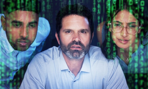 face cyber security or programmer team thinking at night on ux seo software web design or database coding collaboration diversity or developer for programming data analysis or digital code
