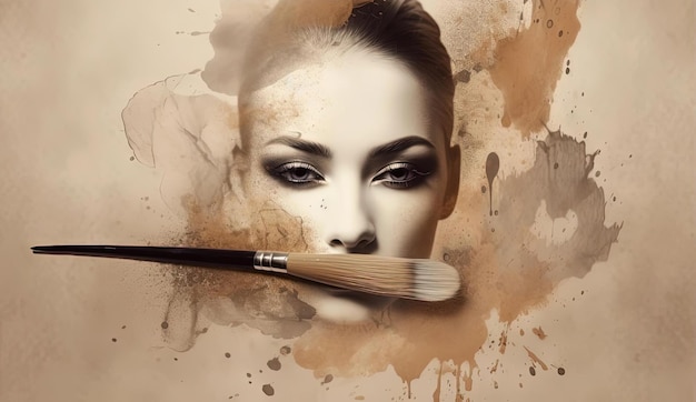 a face of the day makeup with a brush and powder on top in the style of sepia tone