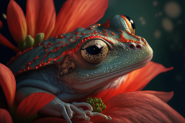 Face of a flying frog up close on a red blossom