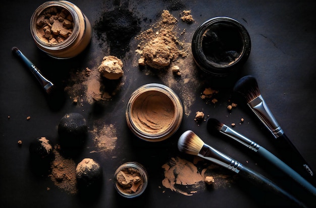 Face foundation powder and brush on a black surface