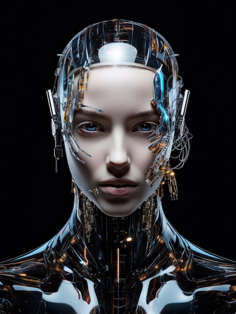 Face future robot liquid glass fashion black background