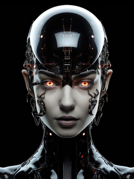 Face future robot liquid glass fashion black background