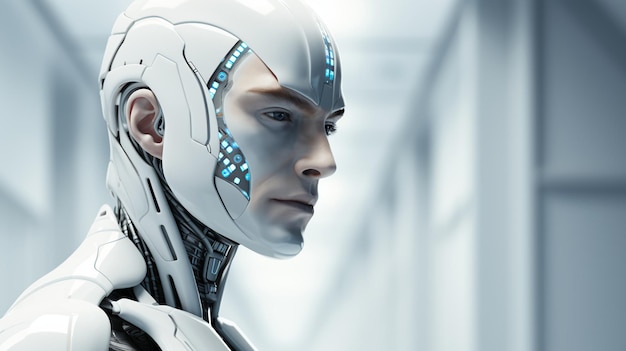 Face of a futuristic hightech cyborg robot male Connecting man and computer