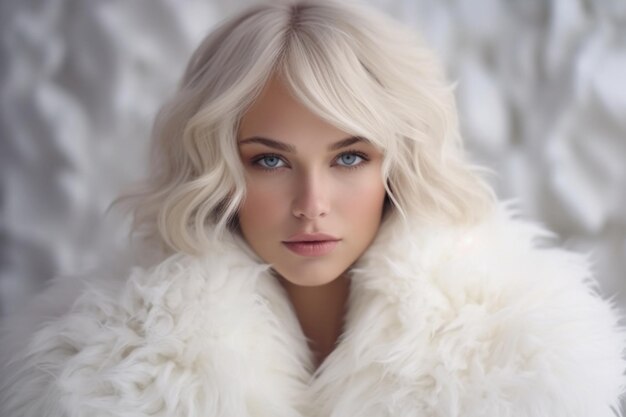 Photo face girl contented in soft fur coat