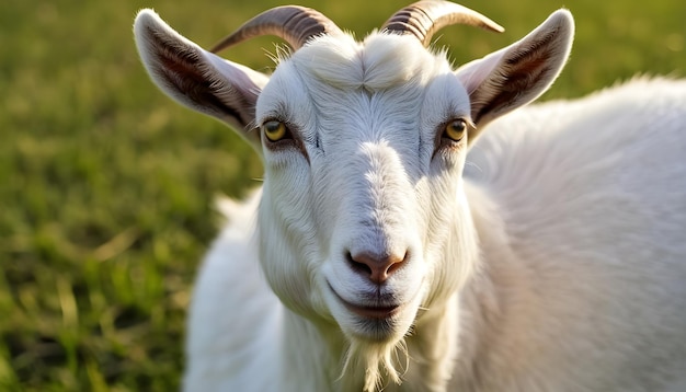 Photo face of goat on summer pasture in morning light