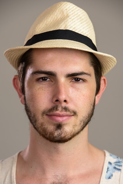 Face handsome bearded tourist man ready for vacation