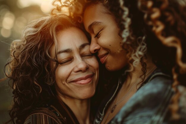 Photo face happy or hug with mom and daughter outdoor in forest for autumn mothers day celebration family