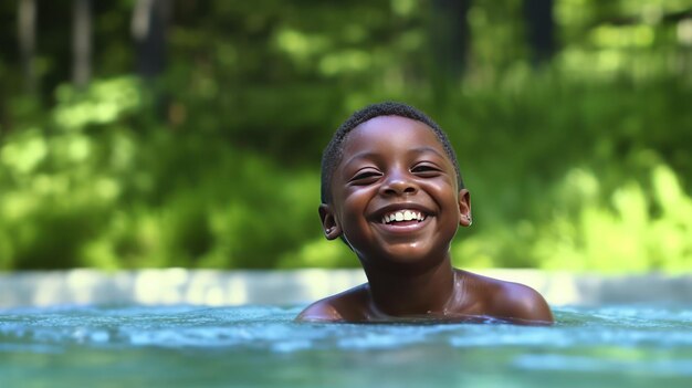 Face of a happy laughing african american boy in pool