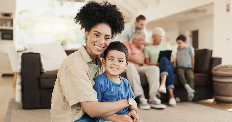 Photo face happy and mother with kid in home living room bonding and having fun together smile children and portrait of african mom in lounge with care love and enjoy quality time for family adoption