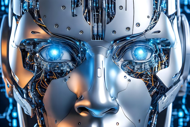 Лицо робота-гуманоида Цифровой мозг учится обрабатывать данные и анализировать информацию