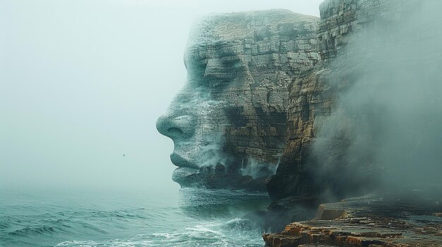 a face is on the rocks in the ocean