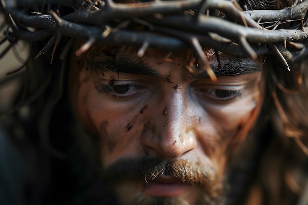 The face of Jesus in the photo with the crown of thorns on his head