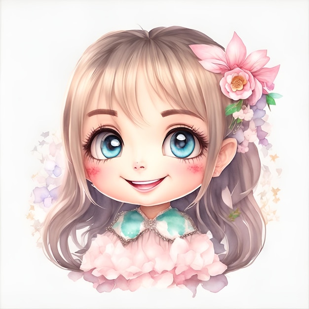 Face of Kawaii girl smiling Watercolor Clipart Generative AI