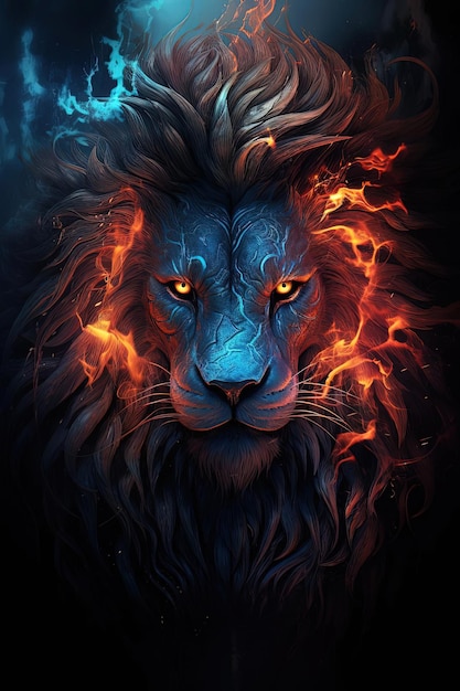 the face of a lion with fire on its head in the style of ethereal illustrations