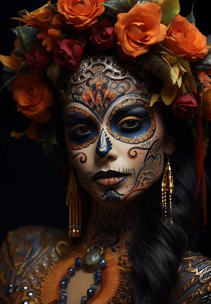 Face makeup of a Mexican woman at the Dia de los Muertos holiday surrealism