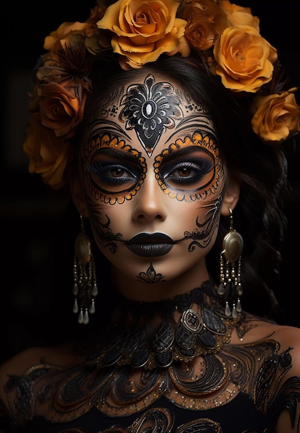 Face makeup of a Mexican woman at the Dia de los Muertos holiday surrealism