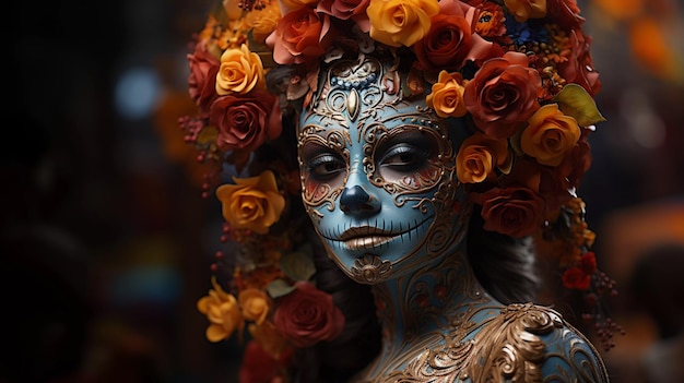 Face makeup of a Mexican woman at the Dia de los Muertos holiday surrealism