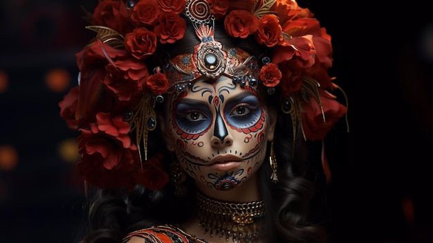ディア・デ・ロス・ムエルトスの休日のシュールレアリスムでのメキシコ人女性の顔メイク