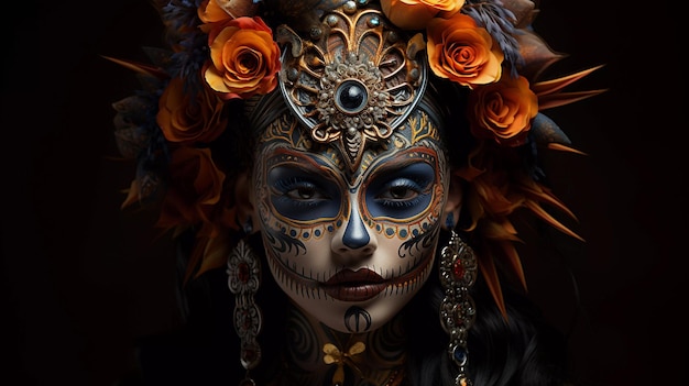 Face makeup of a Mexican woman at the Dia de los Muertos holiday surrealism