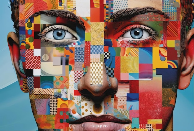 the face of a man is shown against various objects and colors in the style of bold graphic design