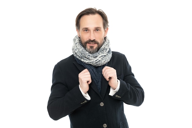 Face of man wear winter warm clothes isolated on white background studio shot of man