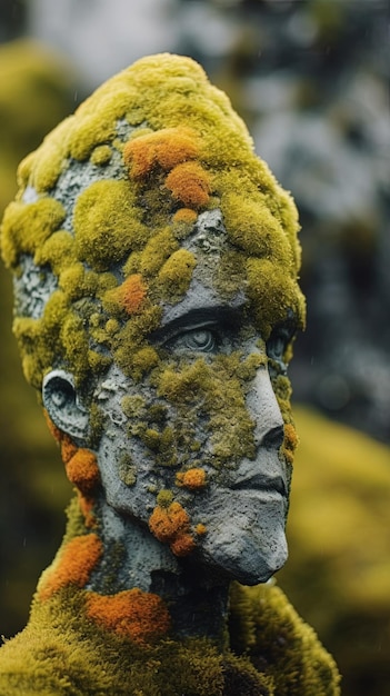 a face of a man with moss on it