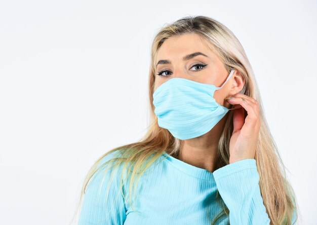 Face mask become fashion accessory Quarantine and infection spreading Girl wear blue suit and face mask Protective mask Safety measures Virus outbreak Modern fashion Matching clothes