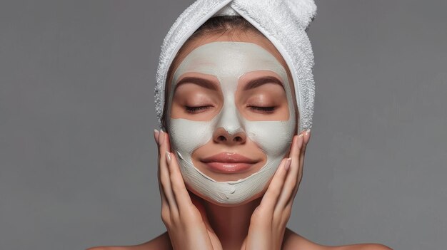 Face mask being applied by a beauty woman on a gray background