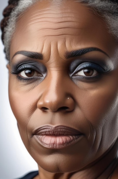 Photo face of a mature african american aging woman 60 years old closeup portrait