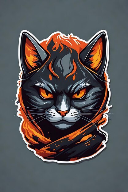 Foto ninja cat fire flat face design sticker vettore senza sfondo