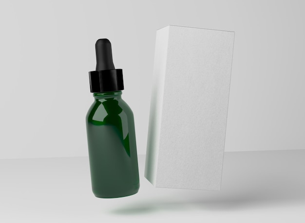 Photo face oil serum green glass bottle design ready dropplet with box mockup 3d render