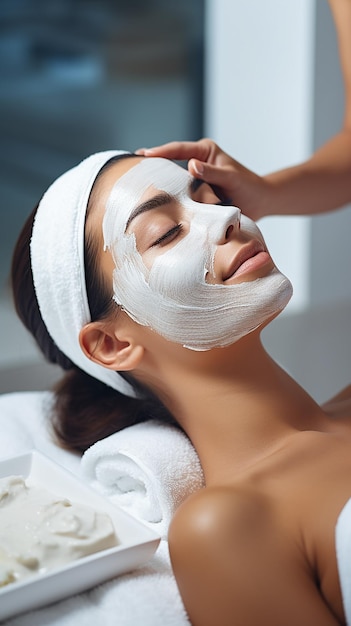 Face peeling mask spa beauty treatment skincare Woman getting facial care by beautician at spa