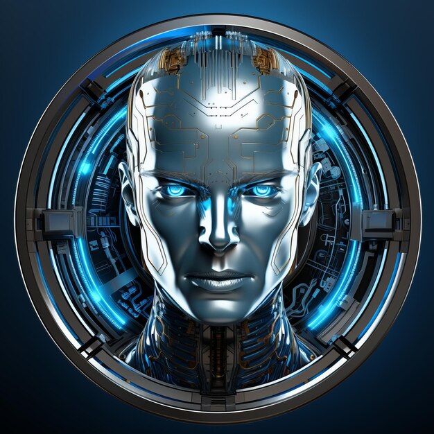 The face of a robot with blue eyes on a dark background