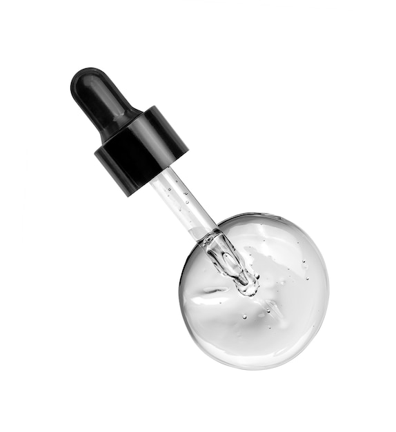 Face serum drop with cosmetic pipette isolated on white.