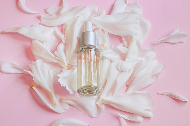 Face serum and white flower petals on pink background natural cosmetics with aromatic oil