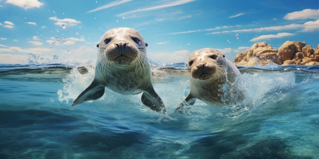 Photo face shot of sea lion swimming