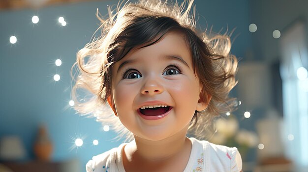 미소 짓고 호기심이 많은 작은 행복하고 즐거운 어린 소녀의 얼굴