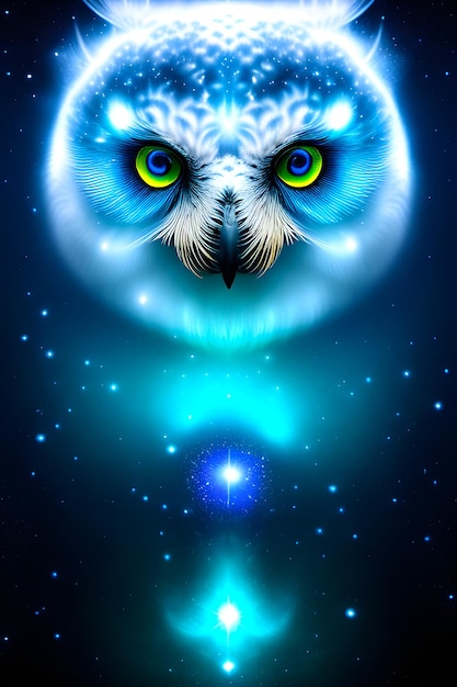 Photo face of an snow owl fractals in blue white and green