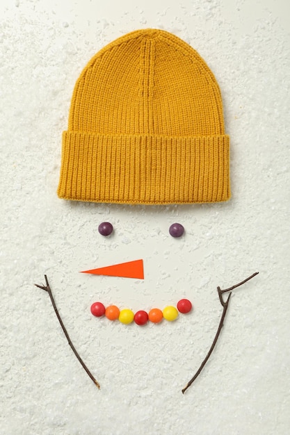 The face of a snowman with a carrot a hat and buttons