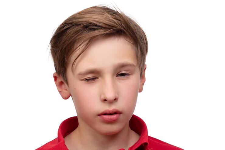 The face of a teenage boy in closeup He closed one eye