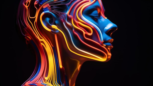 The face in vivid neon lamps and neon light