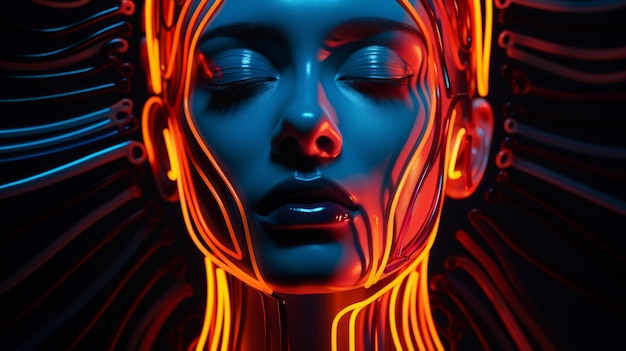 The face in vivid neon lamps and neon light