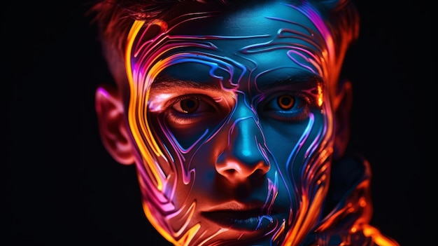 The face in vivid neon lamps and neon light