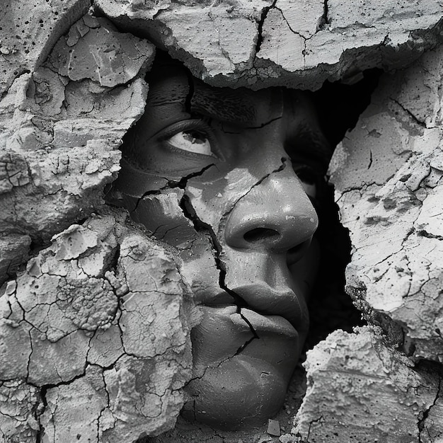 a face with a face in the middle of a pile of rubble