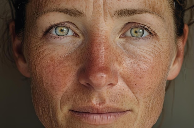 a face with freckles along the eyes and down the skin in the style of forced perspective