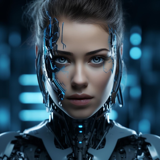the face of a woman in a futuristic suit