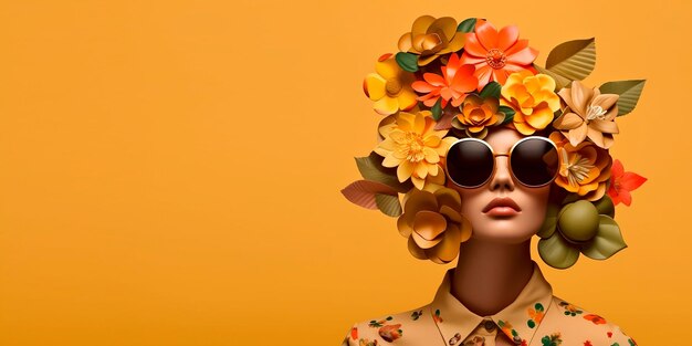 Face of woman in glasses with beautiful flowers in her hair on green background place for text