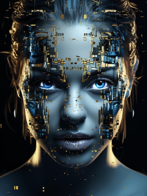 the face of a woman is made up of digital technology