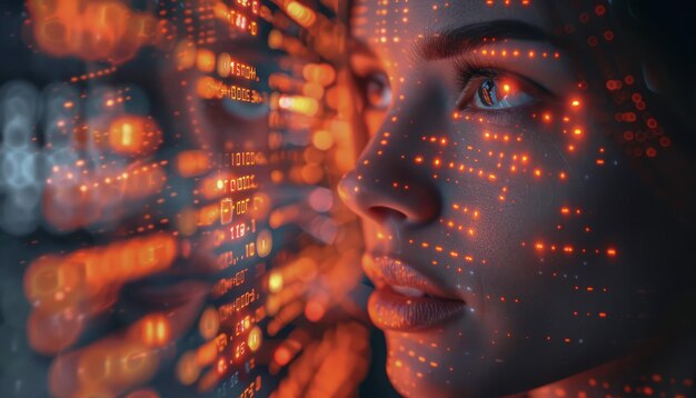 face of a woman looking at a computer screen inside a futuristic room