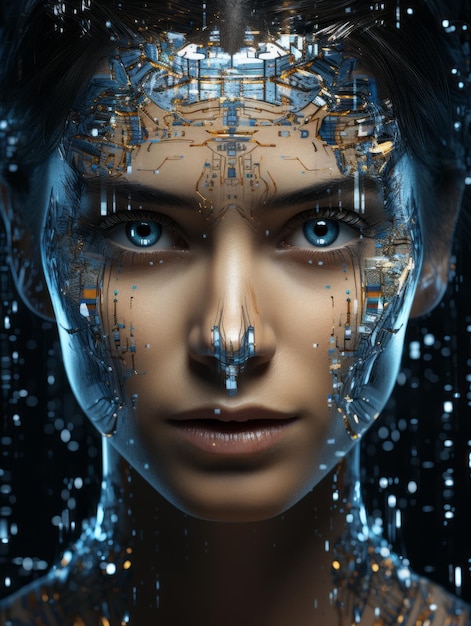 лицо женщины с голубыми глазами и лицом робота
